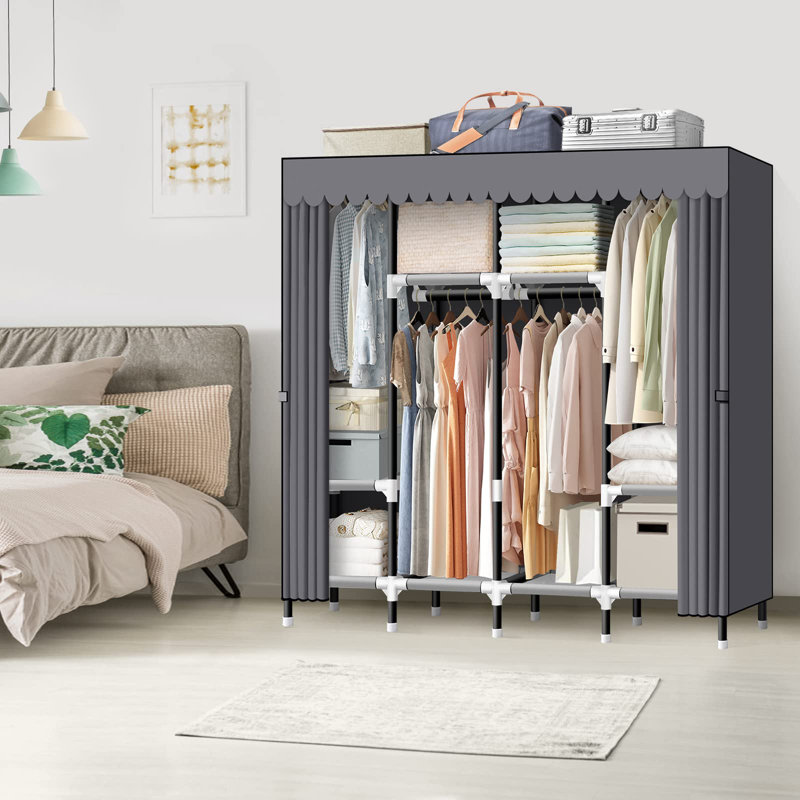 Rebrilliant Portable Closet 67 Inch Wardrobe Closet For Hanging Clothes With 4 Hanging Rods 25Mm Steel Tube Clothes Storage Organizer For Extra Sturdy Quick And Easy To Assembly Gray Cover Wayfair